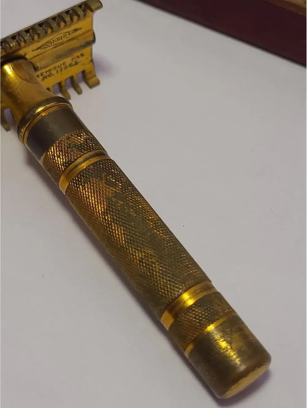 Vintage Gillette Gold Tone Safety Razor Pat 1858316 Repat 17567 + Case & Blade